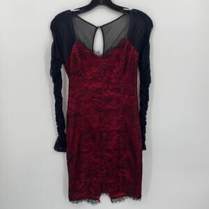 Bebe Red Black Lace Overlay Bodycon Dress Size XS